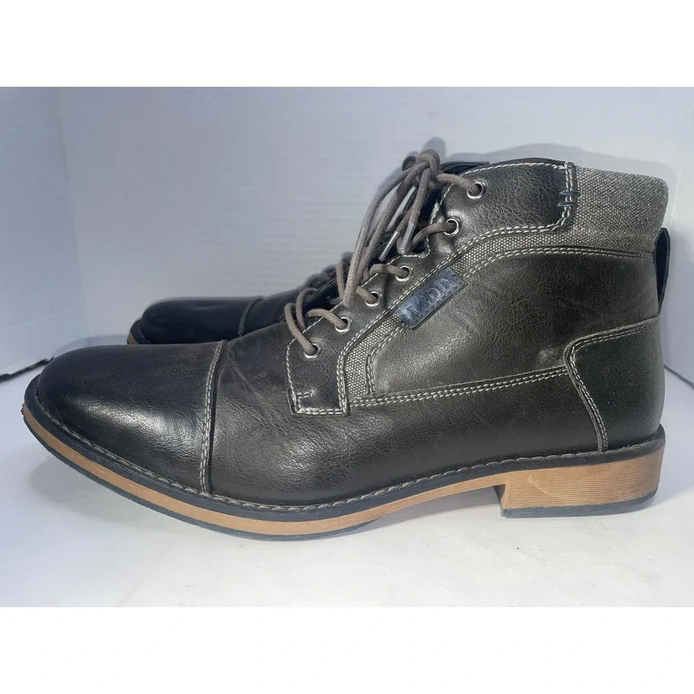 IZOD Mens Size 10.5M Cap Toe‎ Lace Up Ankle Boots Leather Black Gray EXCELLENT